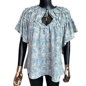 Bishop + Young Teal Smocked Flutter Sleeve Blouse Small